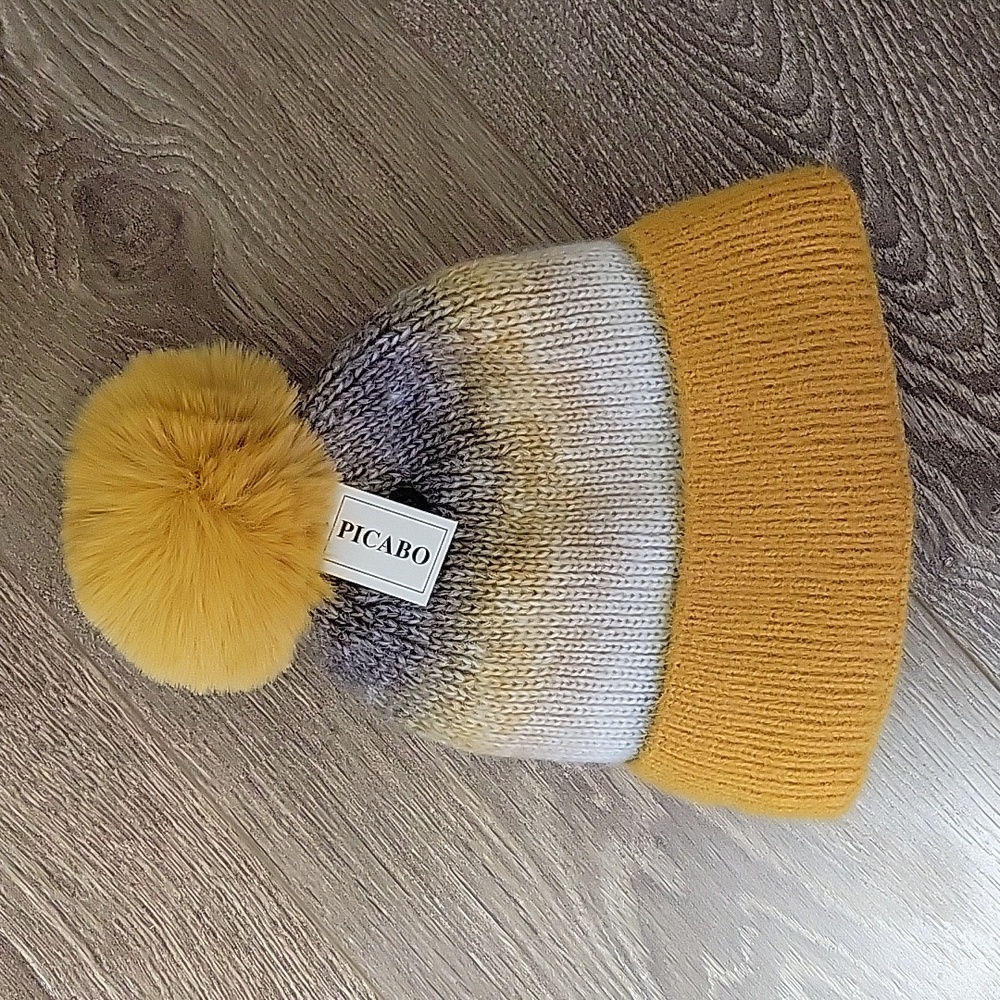 Mustard yellow ombre toque with polar fleece lining. Soft winter hat, plush hat